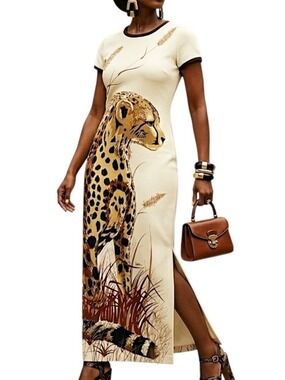 Vtg 70s Alfred Shaheen cream polyester screen print cheetah resort maxi dress 8